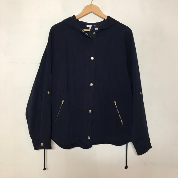 Charter Club Tops - Charter Club Nautical Navy Blue Cotton Duck Hooded Zip & Snap Front Jacket Sz L